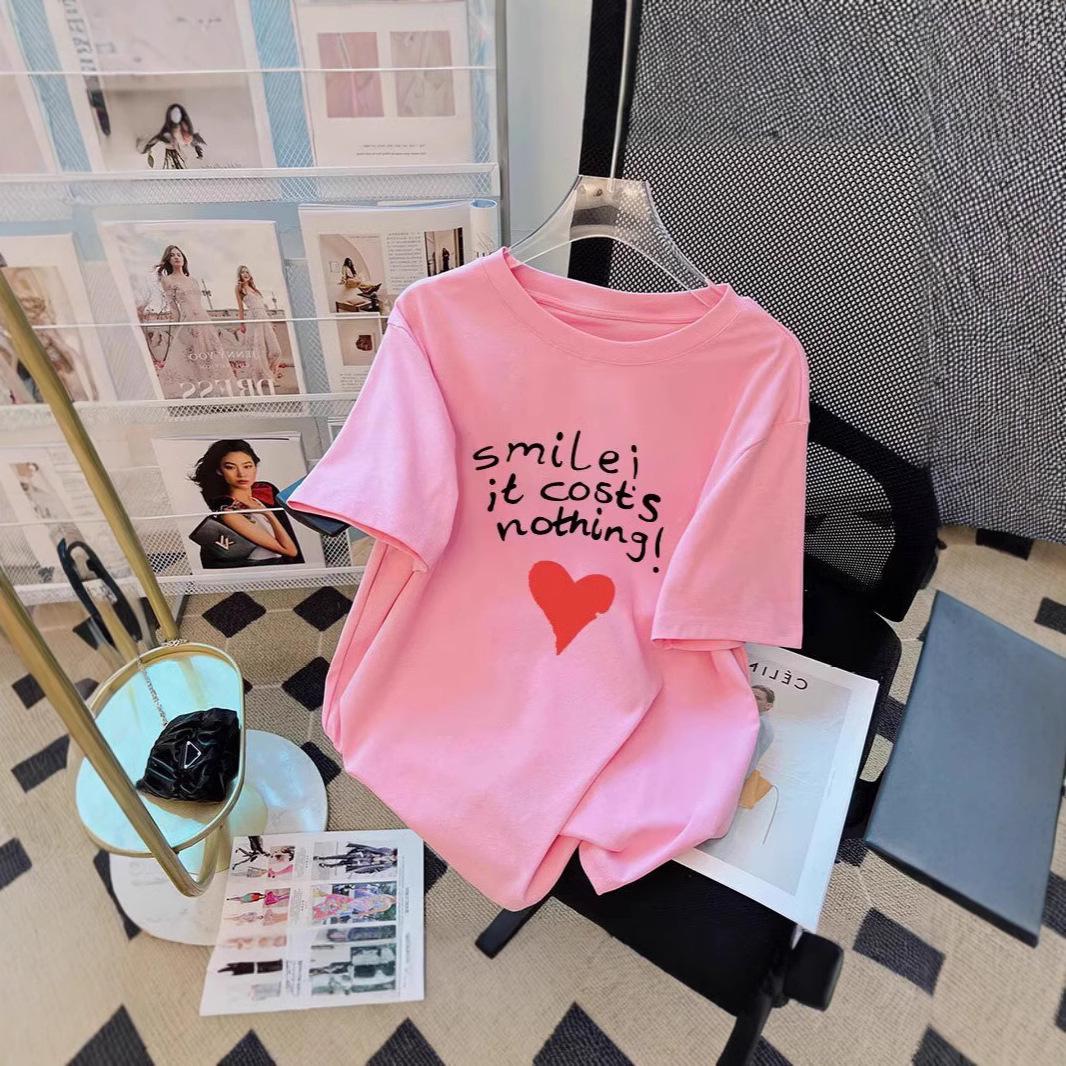 

Women s Korean Style Casual Letter Heart Five-Sleeve Loose Tee XL синій