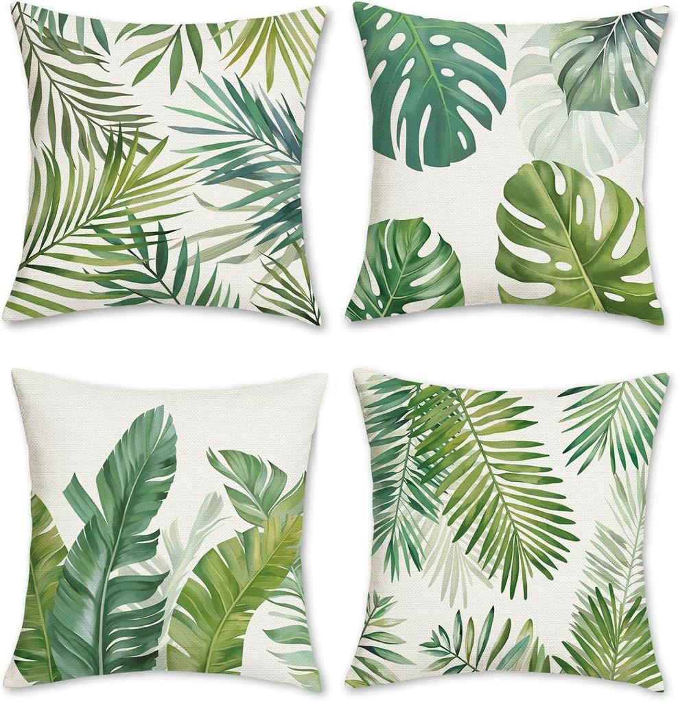 4Pcs Tropical Leaf Cushion Covers, Vibrant Green Monstera & Palm Print Pillow Cases For Sofa Bedroom Living Room 45X45Cm
