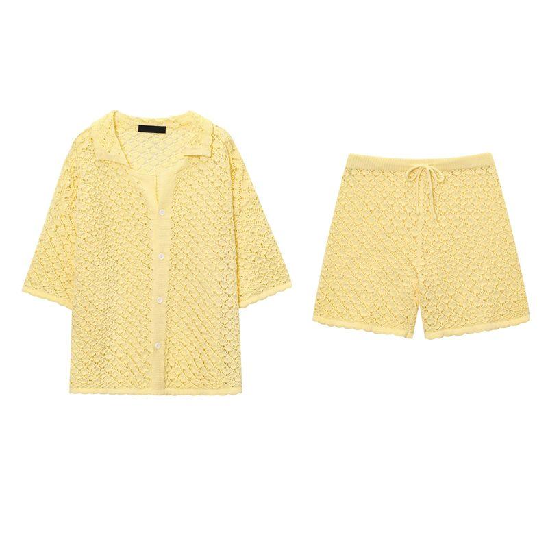 Summer New Product Women's Clothes Beach Style Lapel Short Sleeve Knitting Crocheted Bikini Blouse + Casual Shorts Suit