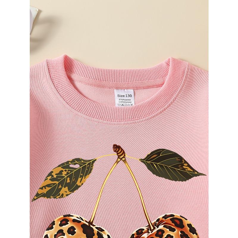 European Sizes Leopard Print Cherries Girls' Long-Sleeve Casual Crewneck Sweatshirt for Outdoor Sports & Everyday Wear