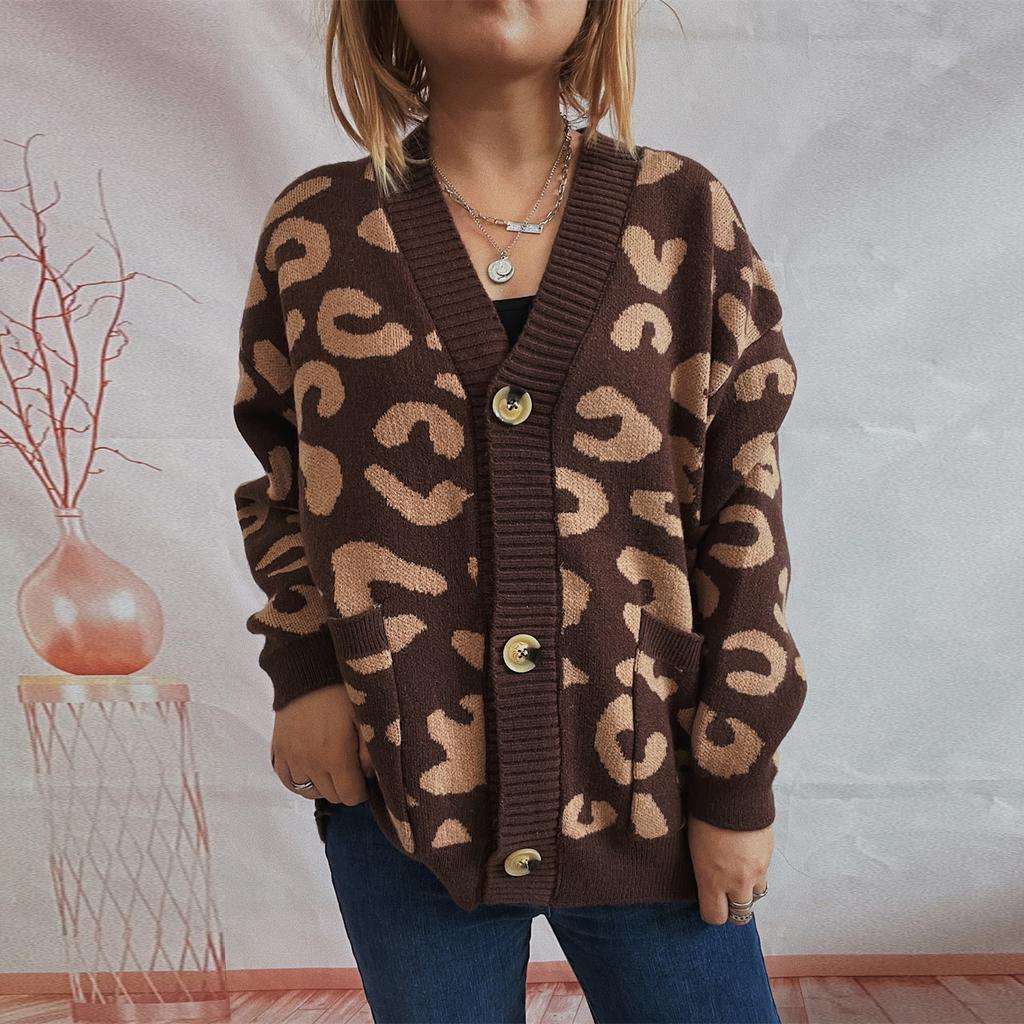 Autumn and Winter New Loose Casual Leopard Print Single Breasted Long Sleeved V-neck Knitted Sweater Jacket 3539 KTB