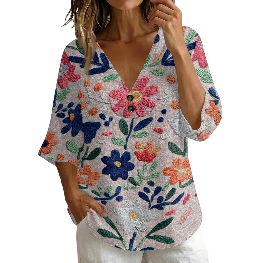 Women V Neck Vintage Floral Print Loose Fit Short Sleeve T Shirt Linen Blend Comfortable Casual Top for Daily Wear
