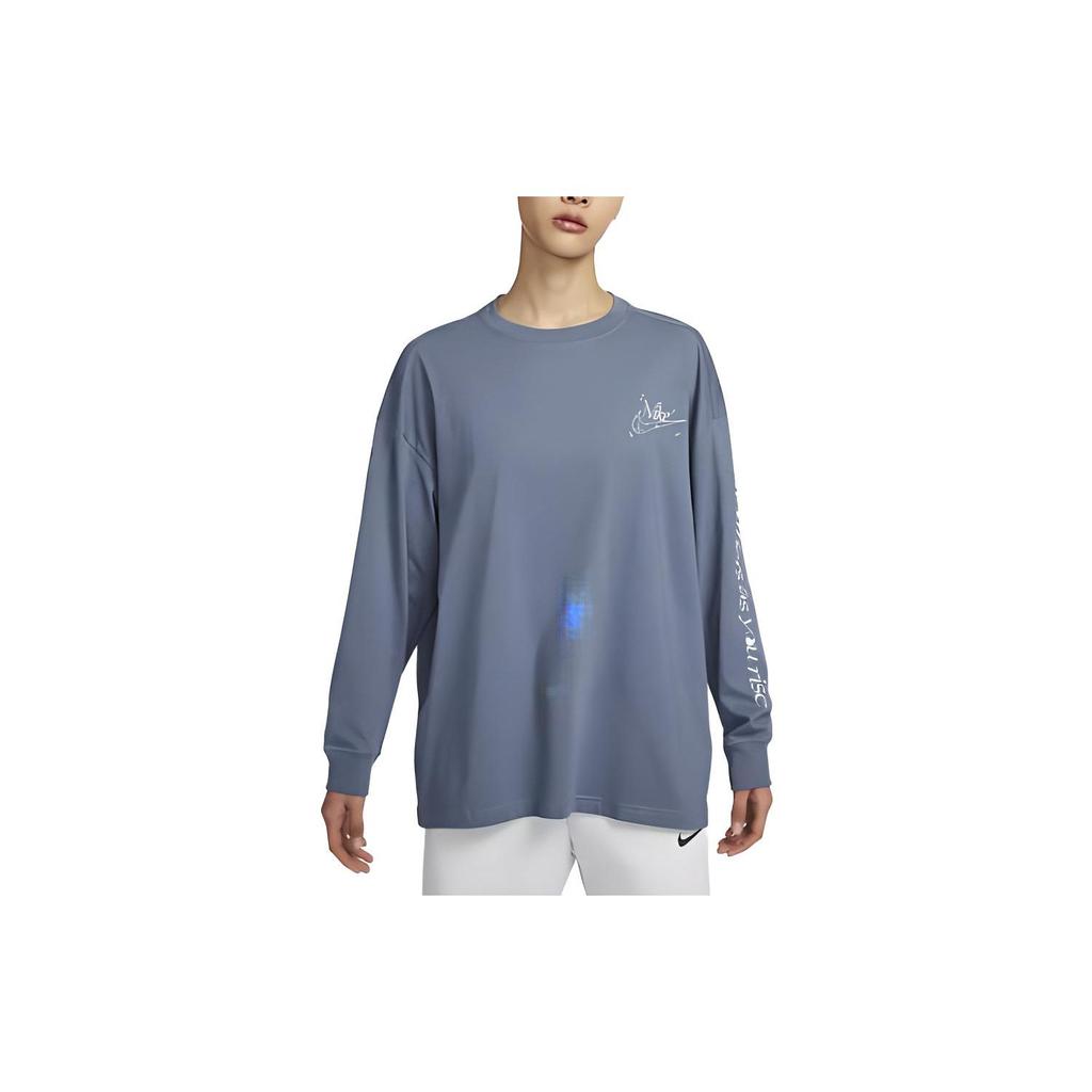Nike Solid Color Logo Print Letter Round Neck Loose Long Sleeve T-Shirt Women Tops Finn-Blue DX7935-425