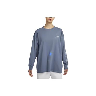 T-shirt da donna a maniche lunghe, girocollo, ampia, con stampa logo a tinta unita e scritta, top da donna Finn-Blue DX7935-425