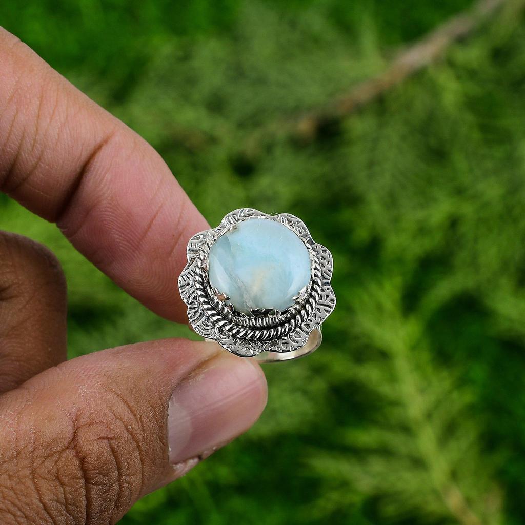 Round Larimar Stone Anniversary Stackable Wife Elegant Boho Ring Sterling Silver