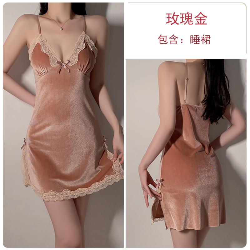 Women's Velvet Lace Warm Cami Sleep Dress with Robe Lounge Set