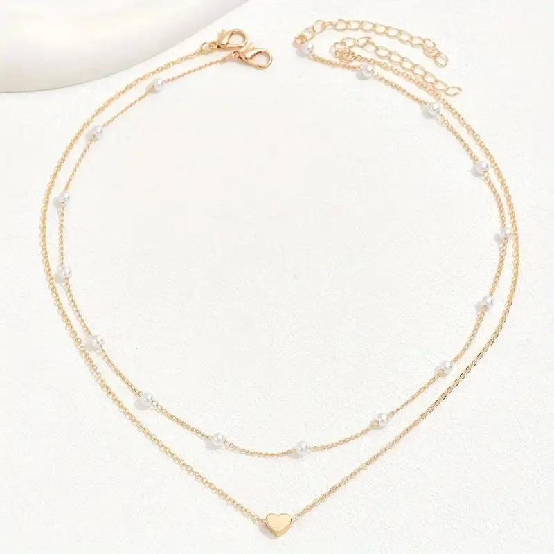 Fashion Heart Pendant Necklace For Women Artifical Pearl Gold  Color Chain Choker Girls Elegant Party Jewelry Accessories