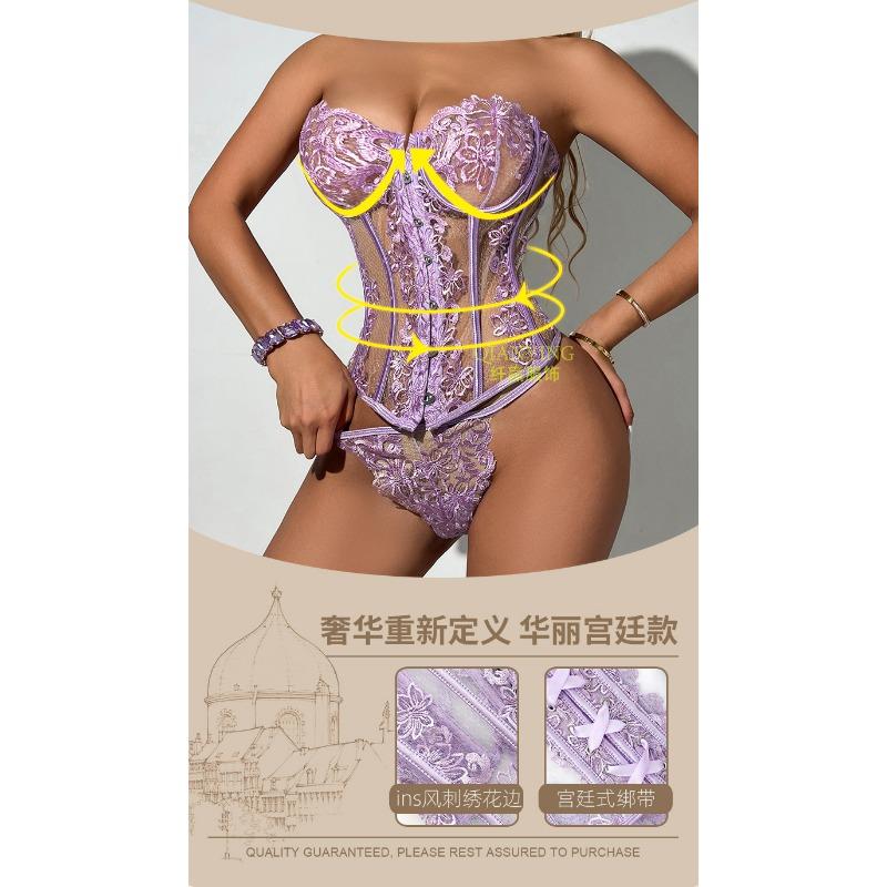 Women Sexy Purple Lace Hollow Out Perspective Boned Corset Waist Cincher Body Shaper
