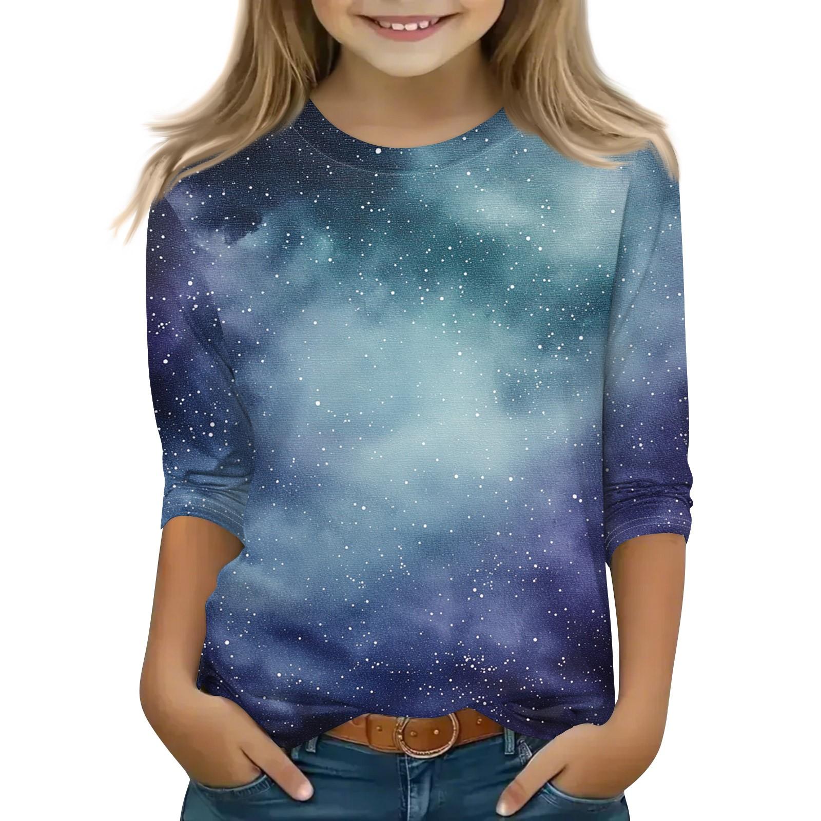 

Топы с принтом для девочек 5-16 лет с круглым вырезом и рукавами 3/4 Футболки Модные топы Наряды Футболки 140 тёмно-синий