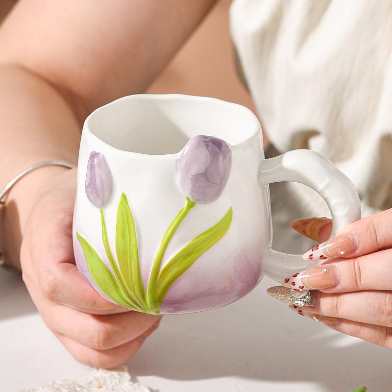 Hand Painted Ceramic Cup Three Dimensional Relief Cup Tulip Cup Flowers Mug with Handle Bestie Cup Souvenir