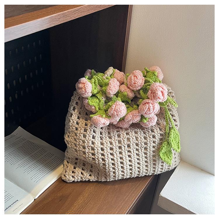 

Rose Bouquet Blanket Bucket Bag Handmade Crochet Material Bag Wool Knitted Messenger Bag Handmade Hook рожевий