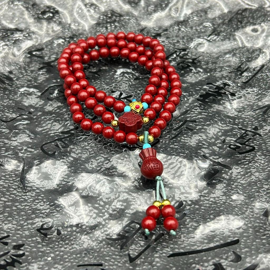 Ethnic Style Multi-Turn Cinnabar God of Wealth Bracelet - Buddhist Beads Hand String