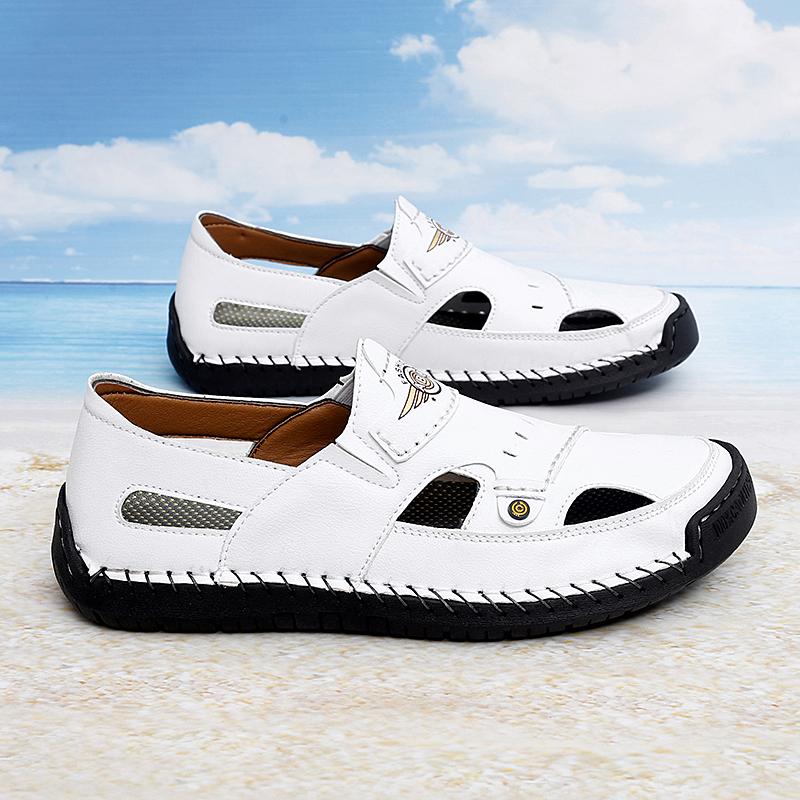 

Men s slippers flat bottomed beach breathable genuine leather business casual non slip lightweight hollow out outdoors sandals 48 білий