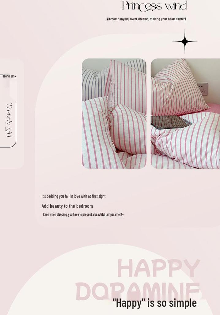 Pure Cotton Four-Piece Bedding Set: Striped Duvet Cover, Bed Sheet for Dorms, A-Class Washed Cotton, Perfect for All Seasons.