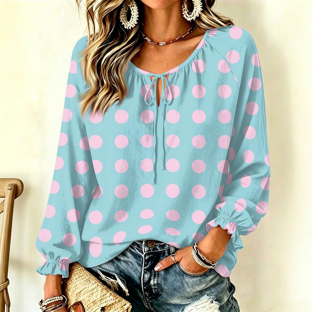 Women's Vintage Polka Dot Long Sleeve Pullover Top with Ruffle Trim and Tie Neck