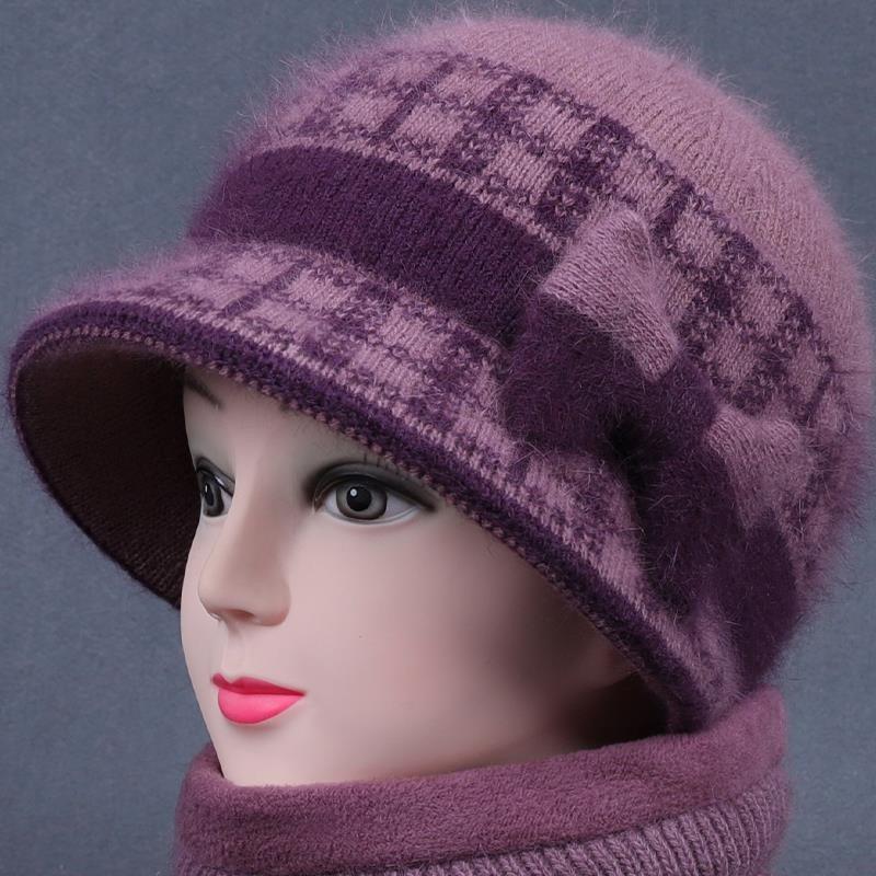 Hat Women's Autumn and Winter Fleece Big Eaves Knitted Hat Wool Hat Old Lady Thermos Hat