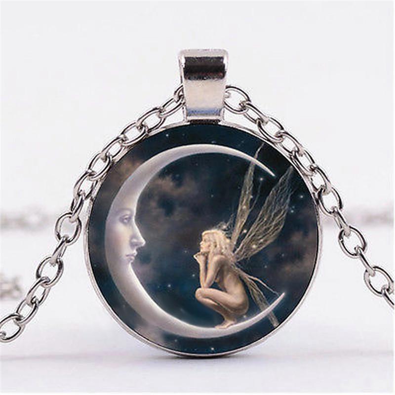 Moon Elf Angel Fairy Cabochon Glass Pendant Necklace Bracelet Earrings Jewelry Set Totally 4pcs For Women 'S Fashion Jewelry
