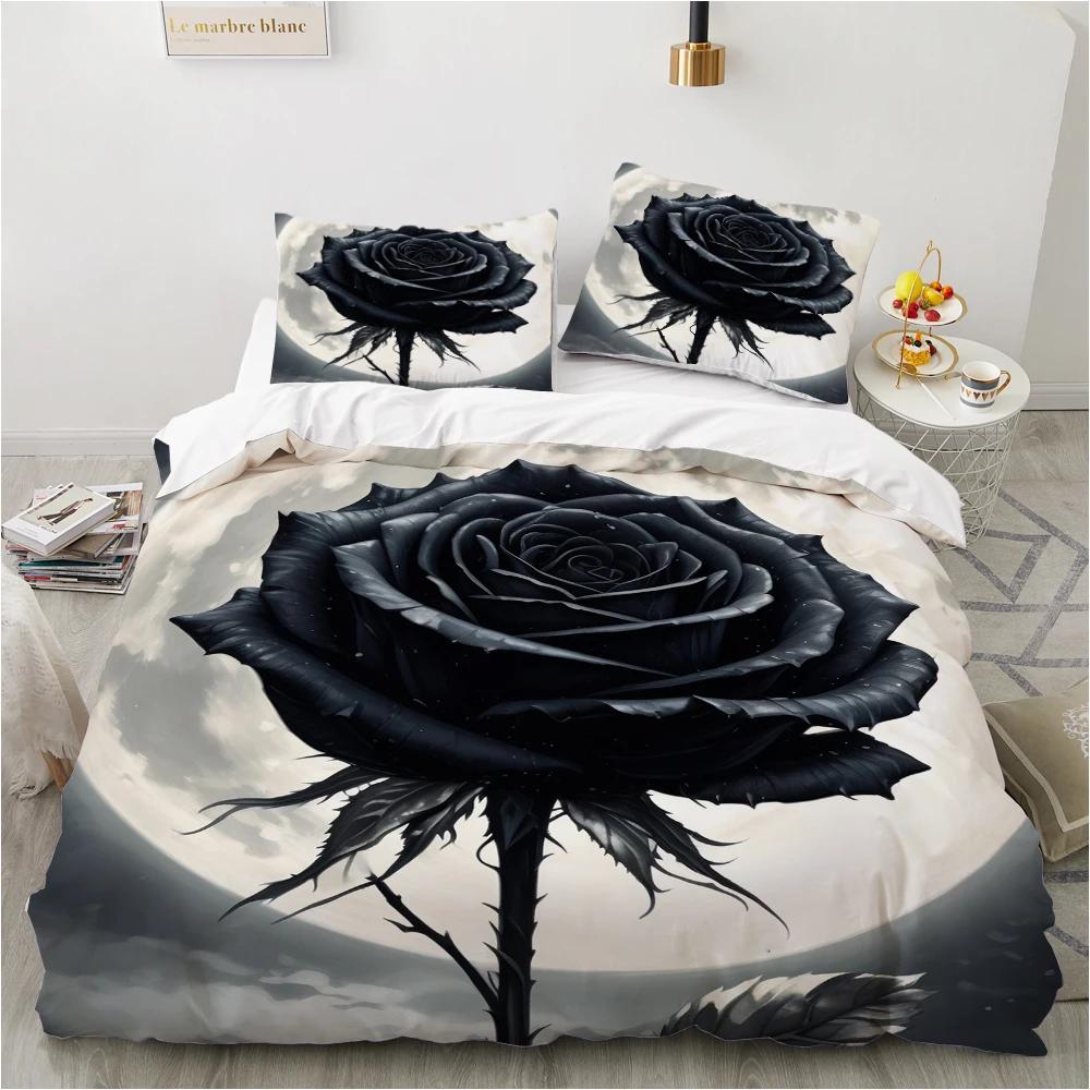 3pcs Black Grey Rose 3D Printed Beding Set Soft Washable Soft Duvet Cover Set King Quen Twin Sized Dimensions Birthday Gift Bedrom Decoration