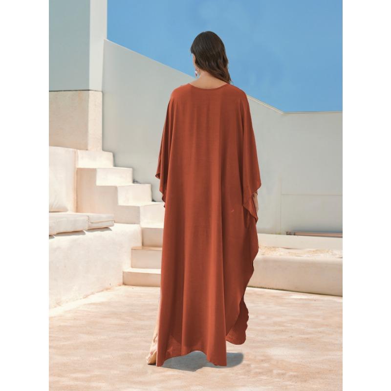 Women's Fashion Spring Fall Solid Color Print Long Sleeve V-Neck Loose Waistline Casual Dresses