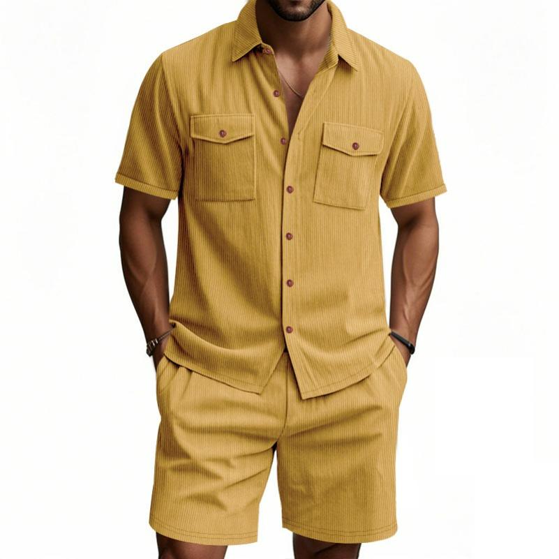Summer Men's Solid Color Pocket Shirt, Short-sleeved Shorts, Two-piece Suit