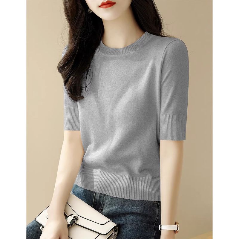 

Women s Classy round Neck Silm Summer Thin Basic Shirt Light gray XL