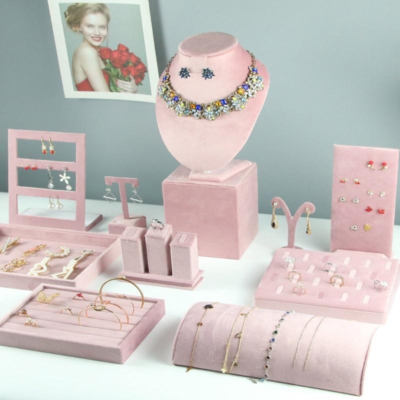 Pink Jewelry Display Props Elegant Jewelry Stand Velvets Fabric Material Jewelry Display Tray for Rings Earring Necklace