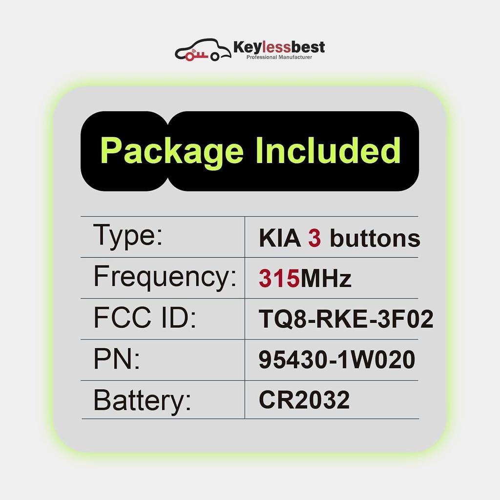 Replacement for 2012 2013 Kia Rio Key Fob TQ8-RKE-3F02 95430-1W020 Remote Control 3 Buttons 315MHz