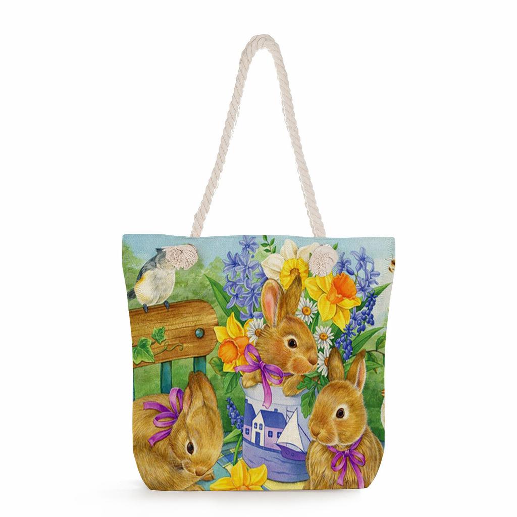Cat print thick rope single-shoulder beach bag 7228