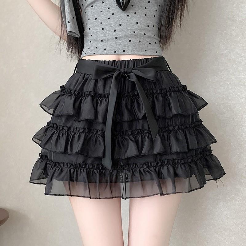 Bow Tie Tulle Tiered Mini Skirt High Waist A-Line Fluffy Cake Skirt QT2881
