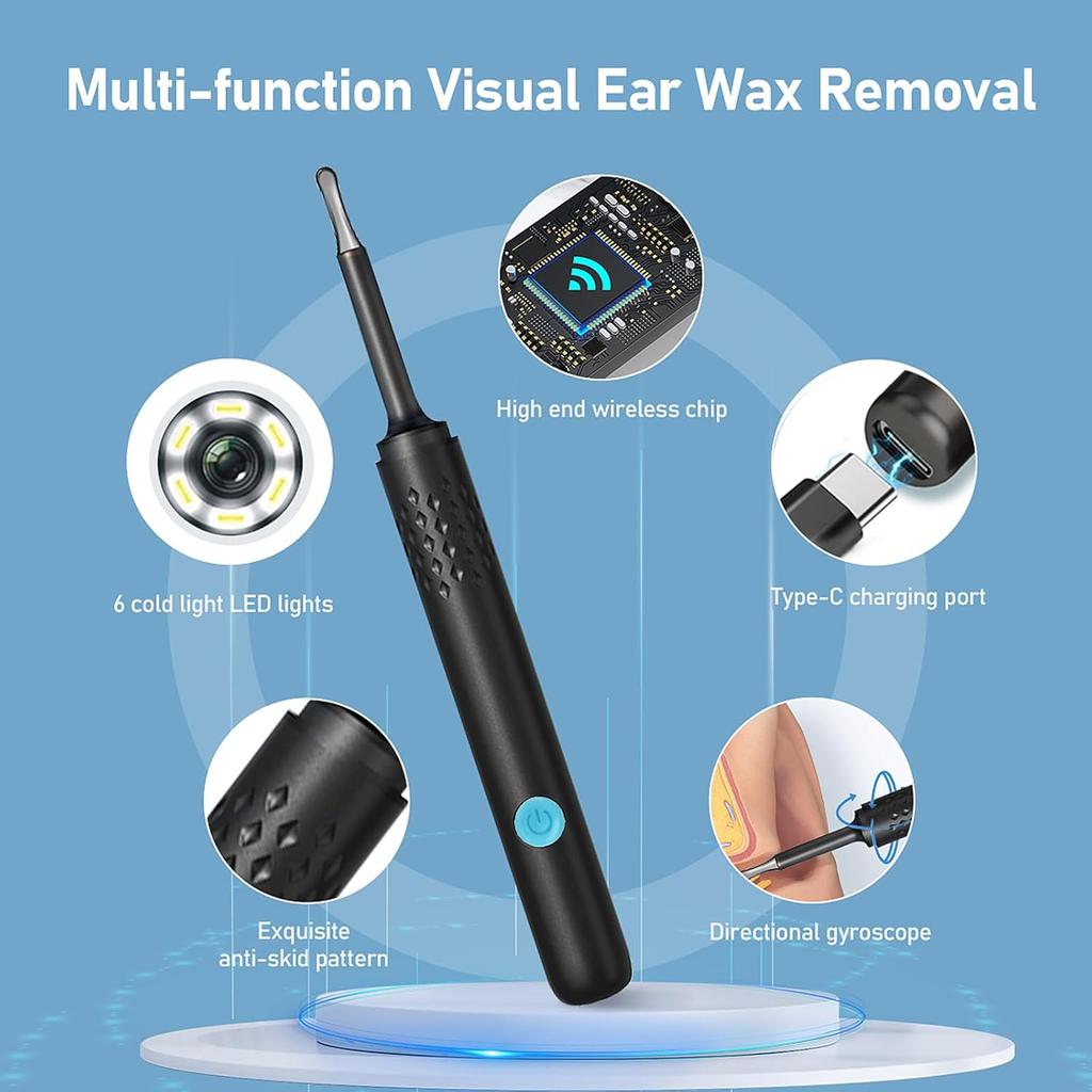 Ear Wax Removal, Ear Wax Removal Tool with 1080P HD Camera and 6 LED Lights, Ear Wax Removal Kit for iOS and Android (Black)