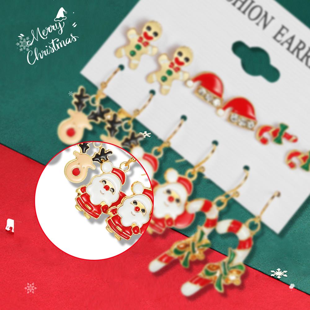 Modische Cartoon Süße Ohrringe Mit 6 Paaren Weihnachts-Stil Weihnachtsmann Und Weihnachts-Rentier Muster Ohrringe Accessoires