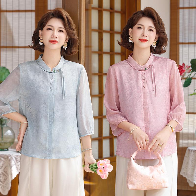 Elegant Chinese Summer Three-Quarter Sleeve Shirt for Women 2026: Age-Defying Top for Middle-Aged & Elderly, Hides Tummy