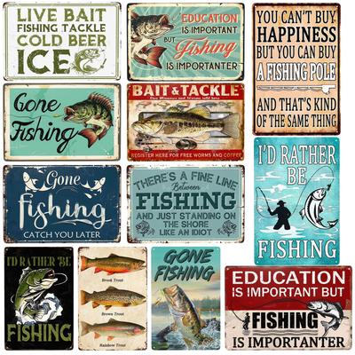 1pc Vintage Fishing Metal Signs Fish Cabin Lake House Sign Gifts for Fisherman Fishing Wall Art Funny Decor for Home 8x12 Inch