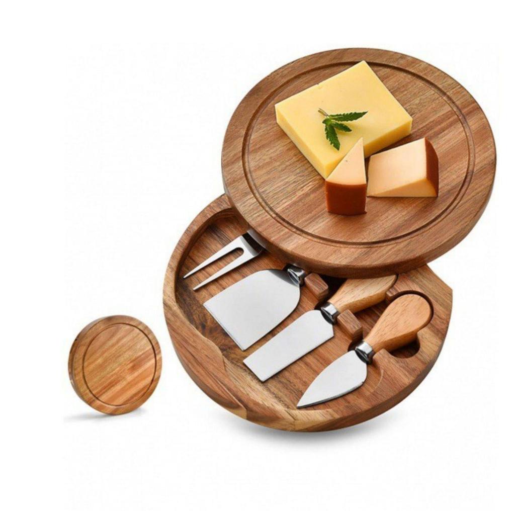 Acacia Wood Round Cheese Board & Knife Set