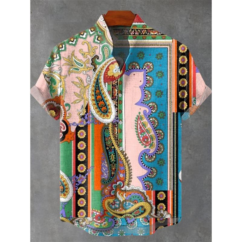 

Vintage Hawaiian Men s Linen Short Sleeve Shirt Full Print Geometric Pattern Short Sleeve Casual Beach Shirt Street Clothing S