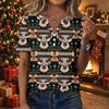 Women's Fashion Casual Christmas Print V-Neck Short Sleeve Button T-Shirt Top for Holiday and Everyday Wear