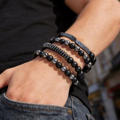 New Men's Beaded Bracelet Set Black Gallstone Elastic Bracelet European and American Style Black Combination Bracelet
