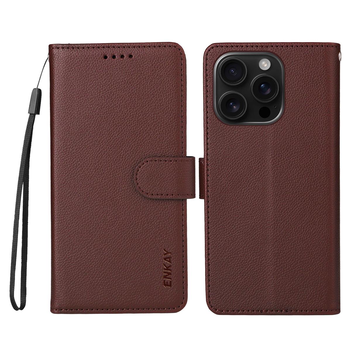 

For iPhone 16 Pro Wallet Case with Strap RFID Blocking Leather Stand Phone Cover Brown
