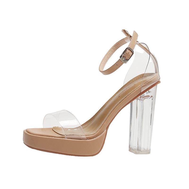 

New crystal thick heel waterproof table one-word buckle with transparent glue high heel sandals 40