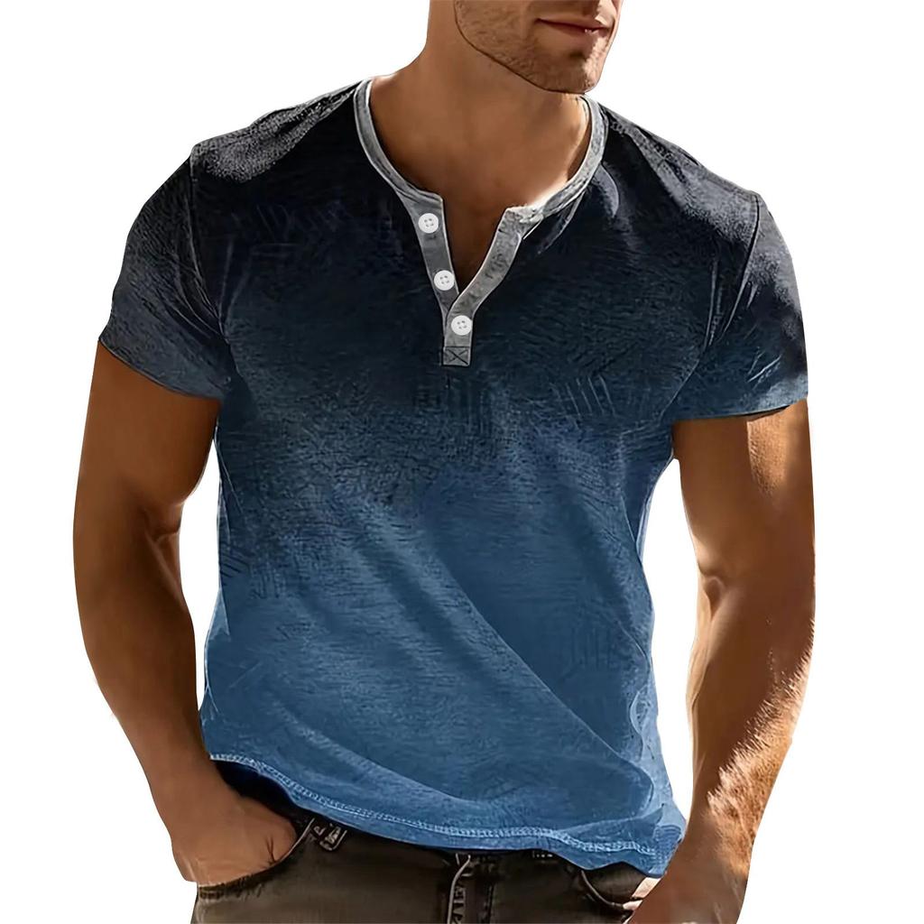 Vintage Summer Men's T-Shirt Streetwear 3 Buttons Open Fly Loose Clothing Print Short Sleeve T-Shirt