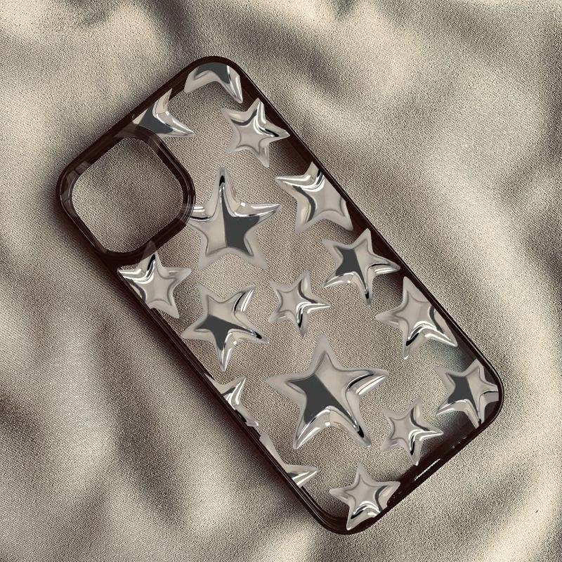 Cartoon Stylish Silver Five Star Print Phone Case for IPhone 16 15 14 13 12 11 Pro Max X XR XS 16e 7 8 Plus Mini Y2k Girl Cover