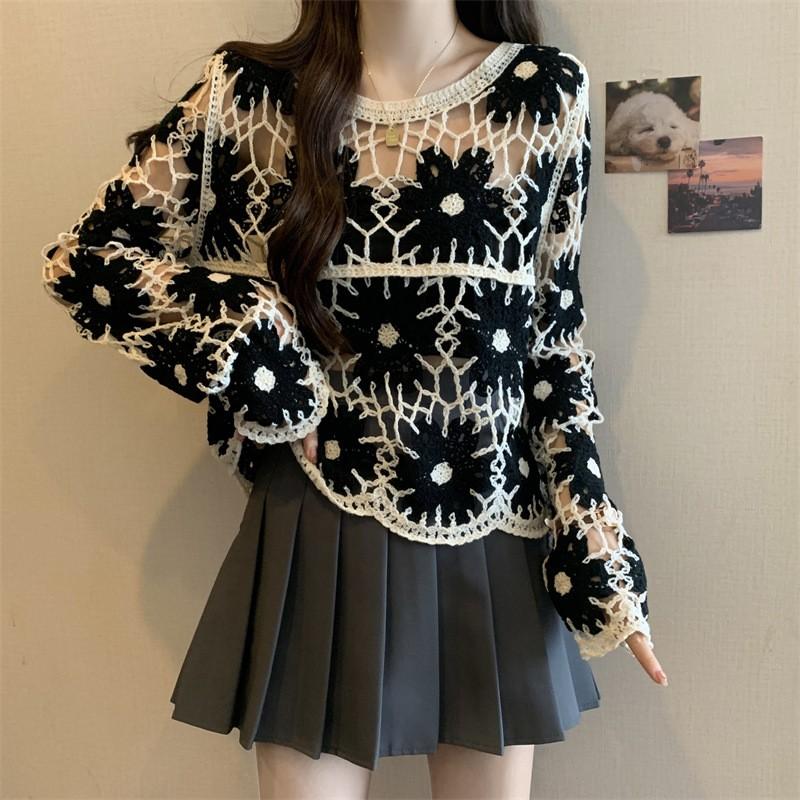 Women Fashion Retro Cotton And Hemp Printing Lapel Long Sleeves Shirt Tops