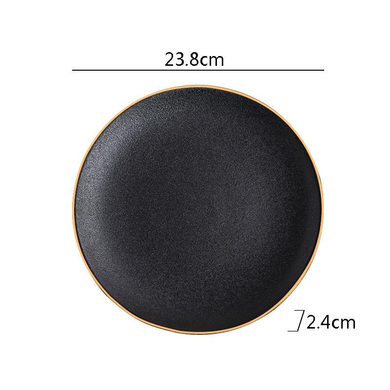 Keramický plochý talíř se zlatým okrajem, restaurace, dezertní talíř, steakový talíř, těstoviny, talíře, molekulární kuchyně, speciální nádobí