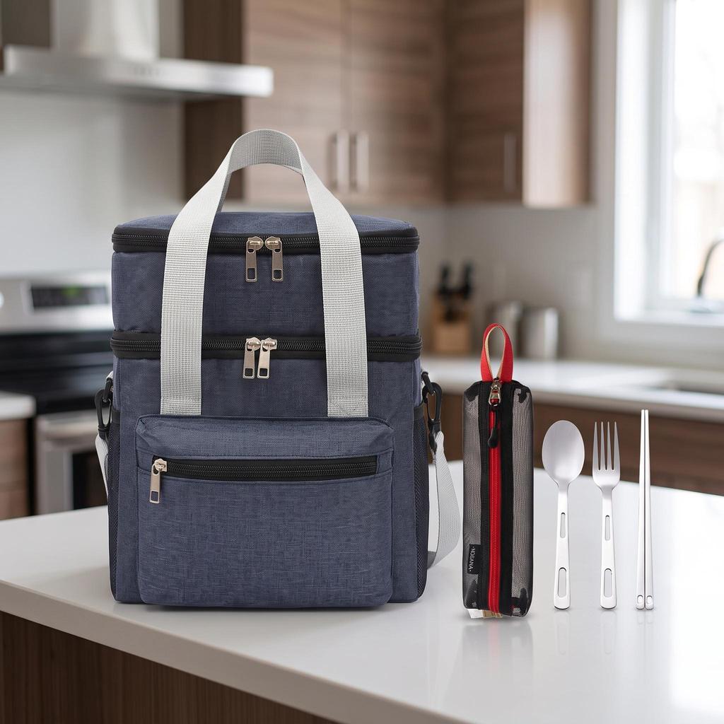 Waterproof Lunch Box Tote Double Layer Cool Bag Shoulder Strap Insulated Women Pack Stainless Steel