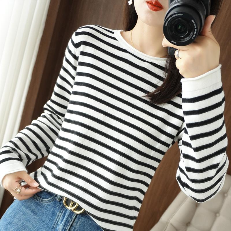 Spring and Autumn Women Cotton Sweater Curled O-neck Strip Pullover Winter Casual Knit Clothing Soft Bottoming Sweater Tops