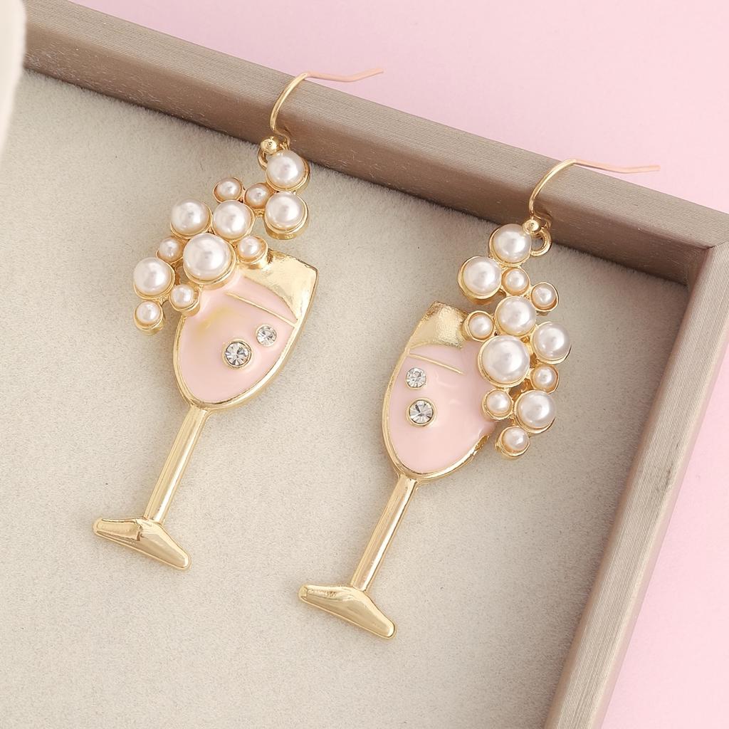 1Pair Cute Personalized Wine Glass Pearl Dripping Oil Women's Stud Earrings, Can Be Given To Girlfriends on Valentine's Day, Can Be Matched Daily
