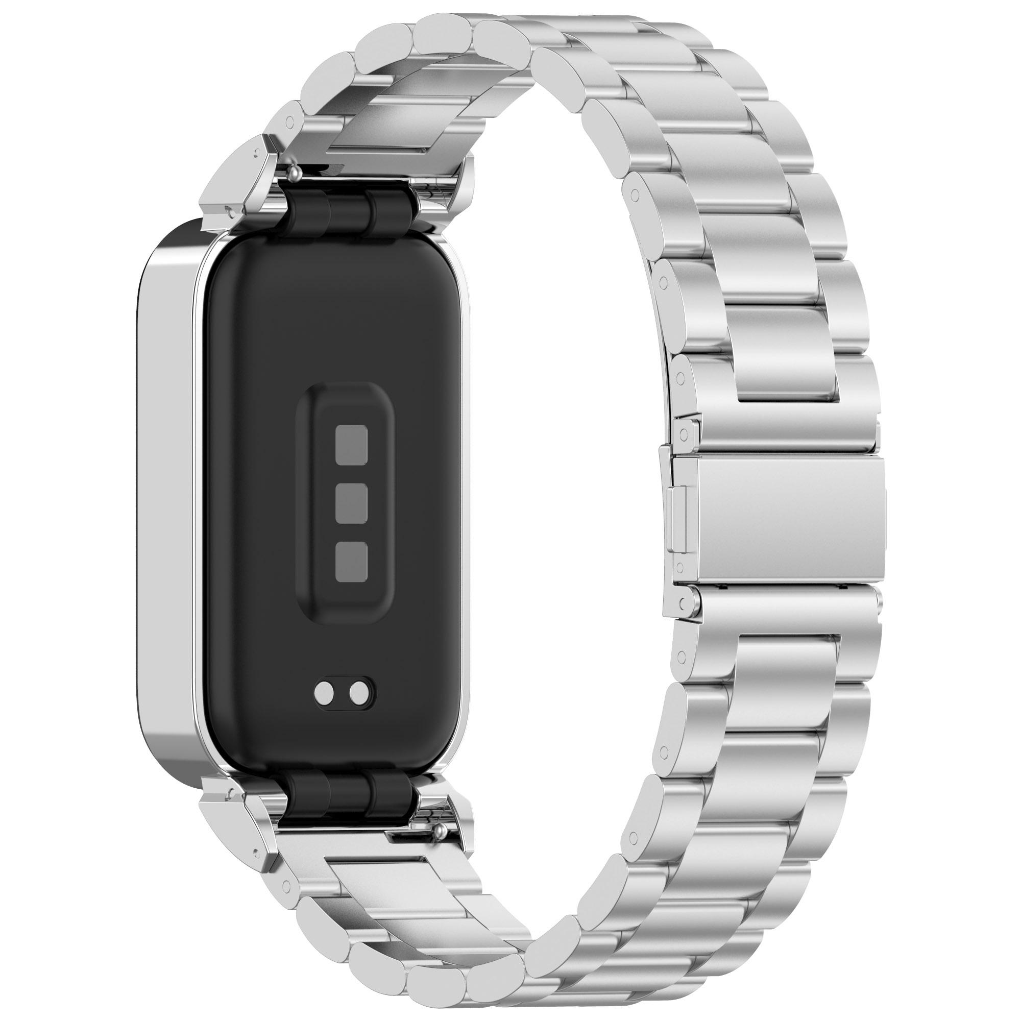 

For Xiaomi Smart Band 9 Active/Redmi Band 3 Metal Frame Watch Case Integrated Three Bead Stainless Steel Strap D