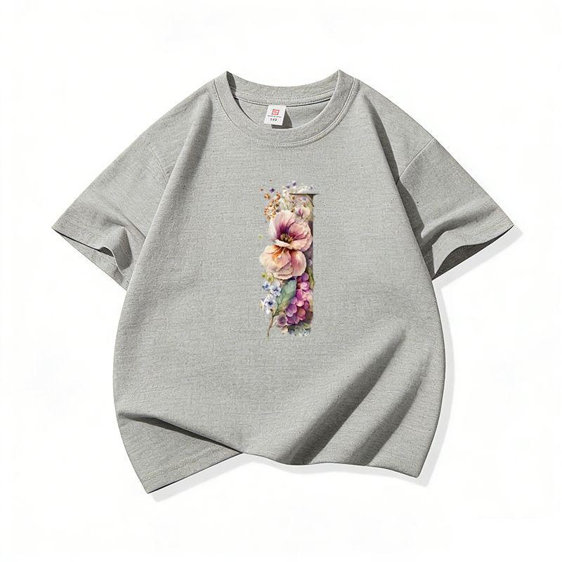 Kids Cotton T Shirt Floral Letter I Print Crew Neck Short Sleeve Tee Casual Boys Girls Summer Tops