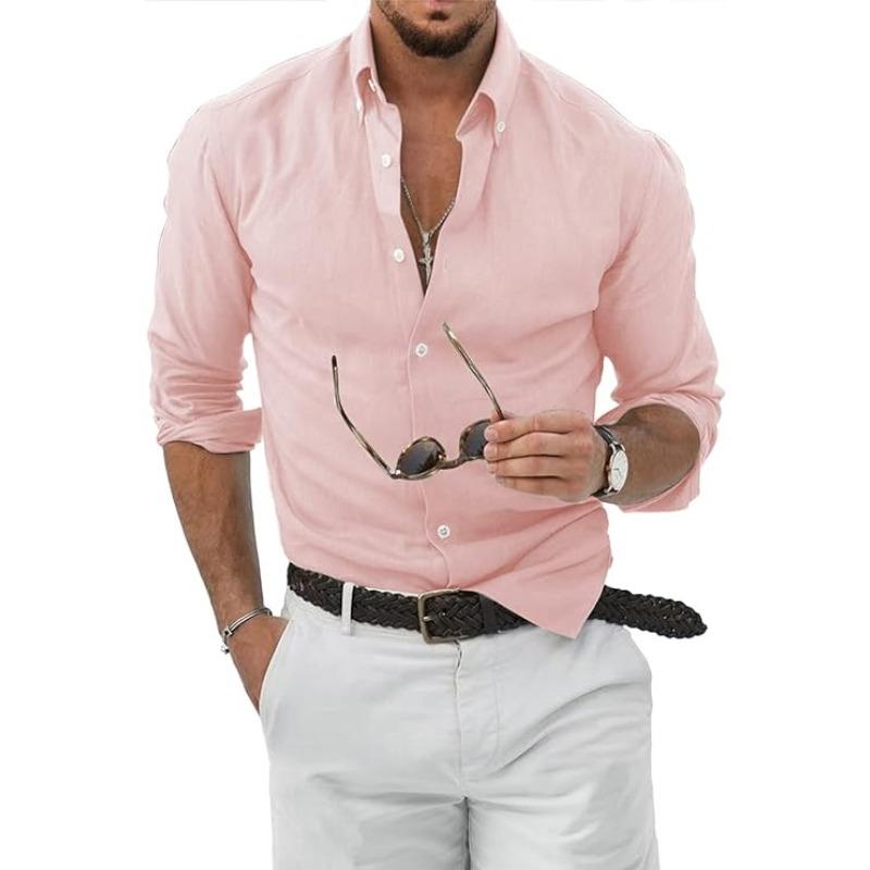 

Мужская хлопково-льняная рубашка на пуговицах однотонная повседневная модная с длинным рукавом деловая рубашка XXXL розовый