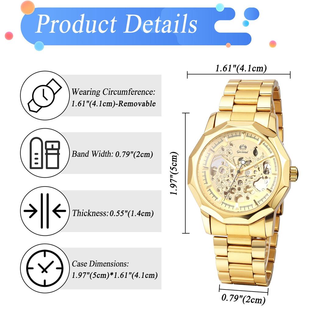 Men's Automatic Mechanical Skeleton Watch Luminous Analog Display Antique Waterproof Stainless Steel Band Casual Business Silver Gold black -